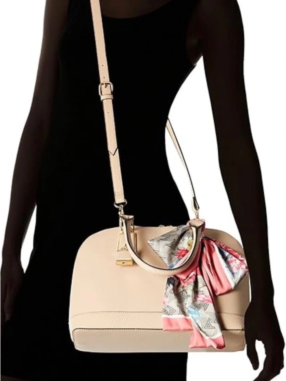 ALDO Beige Satchel with Coral Floral Scarf Accent